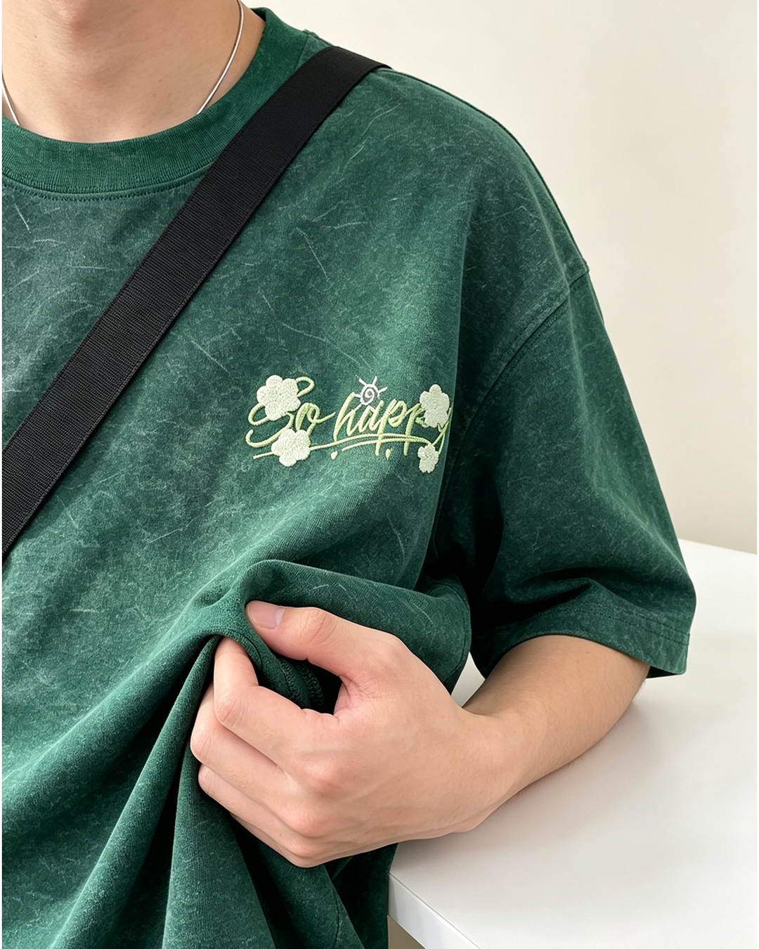American Vintage Ice Silk Men's Tee, Oversized Floral Letter Embroidery Crew Neck T-Shirt