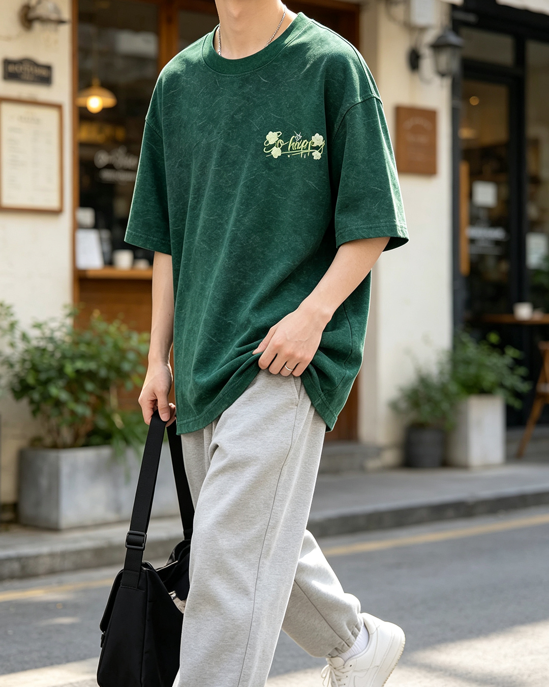 American Vintage Ice Silk Men's Tee, Oversized Floral Letter Embroidery Crew Neck T-Shirt