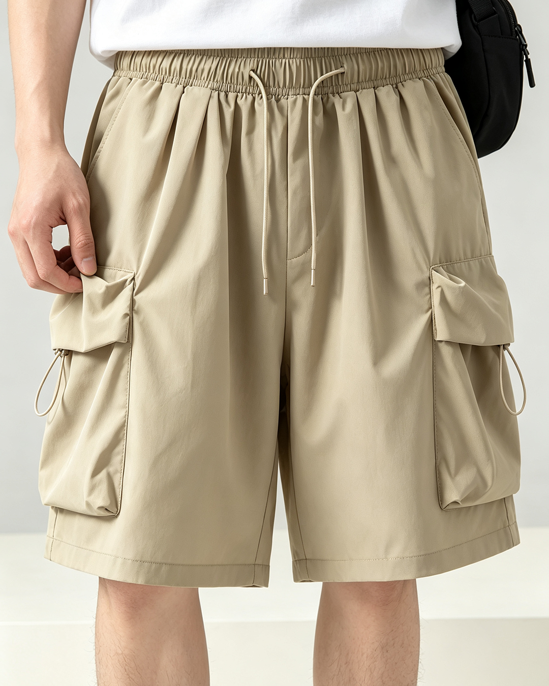 Men's 5 Inch Functional Cargo Shorts, Elastic Drawstring Multi Pocket Japanese Streetwear Shorts