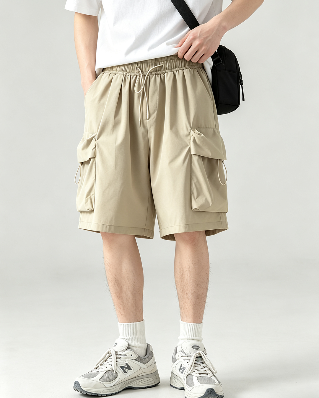 Men's 5 Inch Functional Cargo Shorts, Elastic Drawstring Multi Pocket Japanese Streetwear Shorts