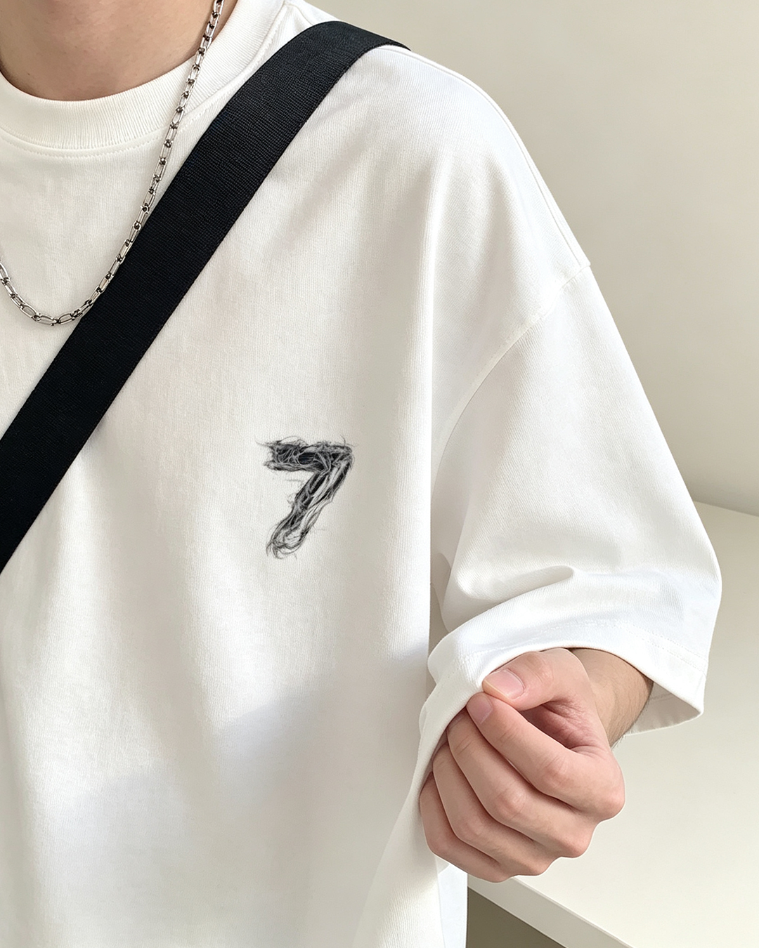 Men's Oversized Crew Neck Tee, Heavyweight Cotton Smoke Number 7 Print Streetwear Top