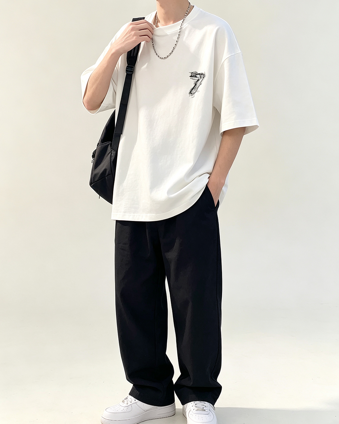Men's Oversized Crew Neck Tee, Heavyweight Cotton Smoke Number 7 Print Streetwear Top