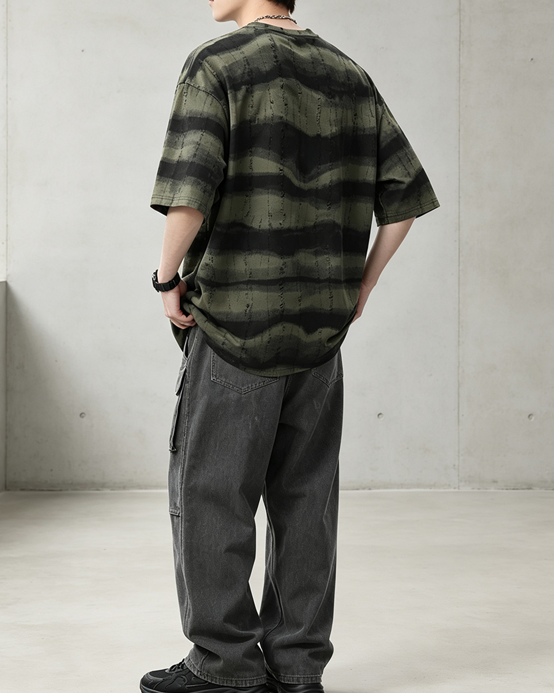 Men's Oversized Crew Neck Tee, Heavyweight Distressed Scratch American Vintage Striped Top