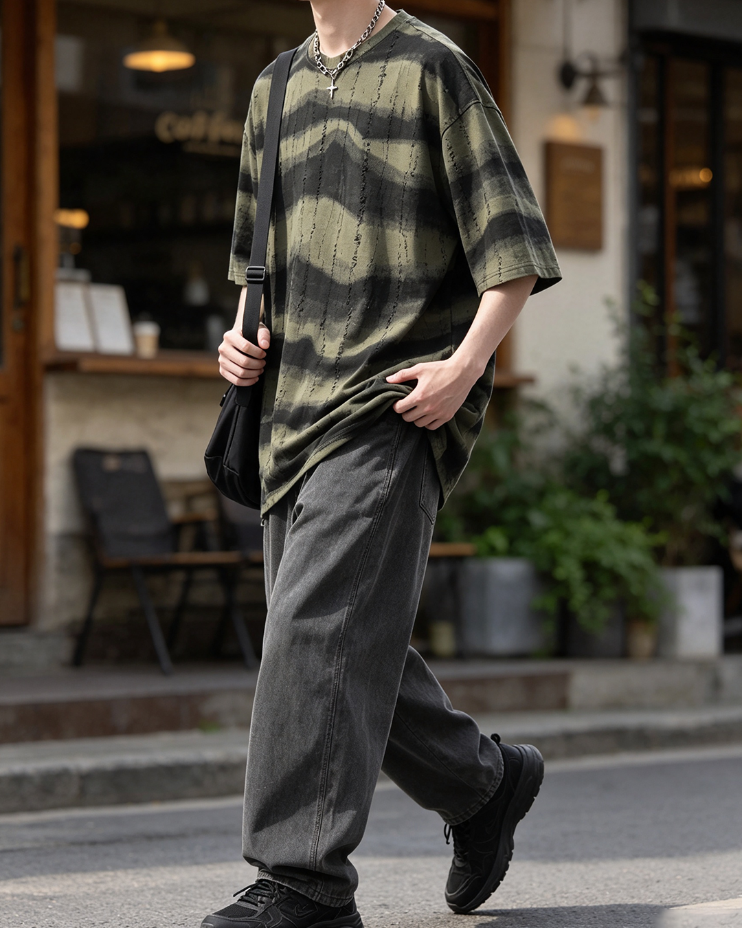 Men's Oversized Crew Neck Tee, Heavyweight Distressed Scratch American Vintage Striped Top