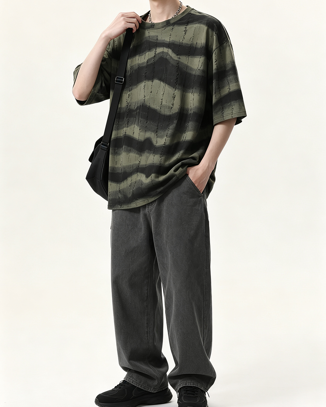 Men's Oversized Crew Neck Tee, Heavyweight Distressed Scratch American Vintage Striped Top