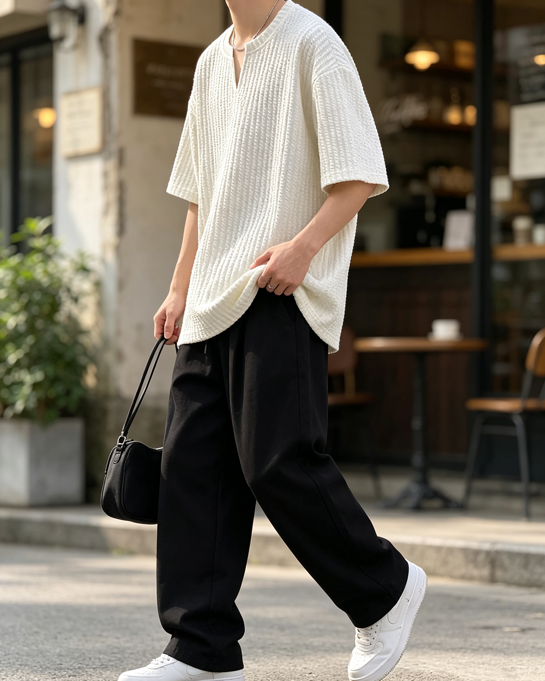 Men's Oversized Rib Knit Tee, Textured V Notch Minimalist Casual Streetwear Top