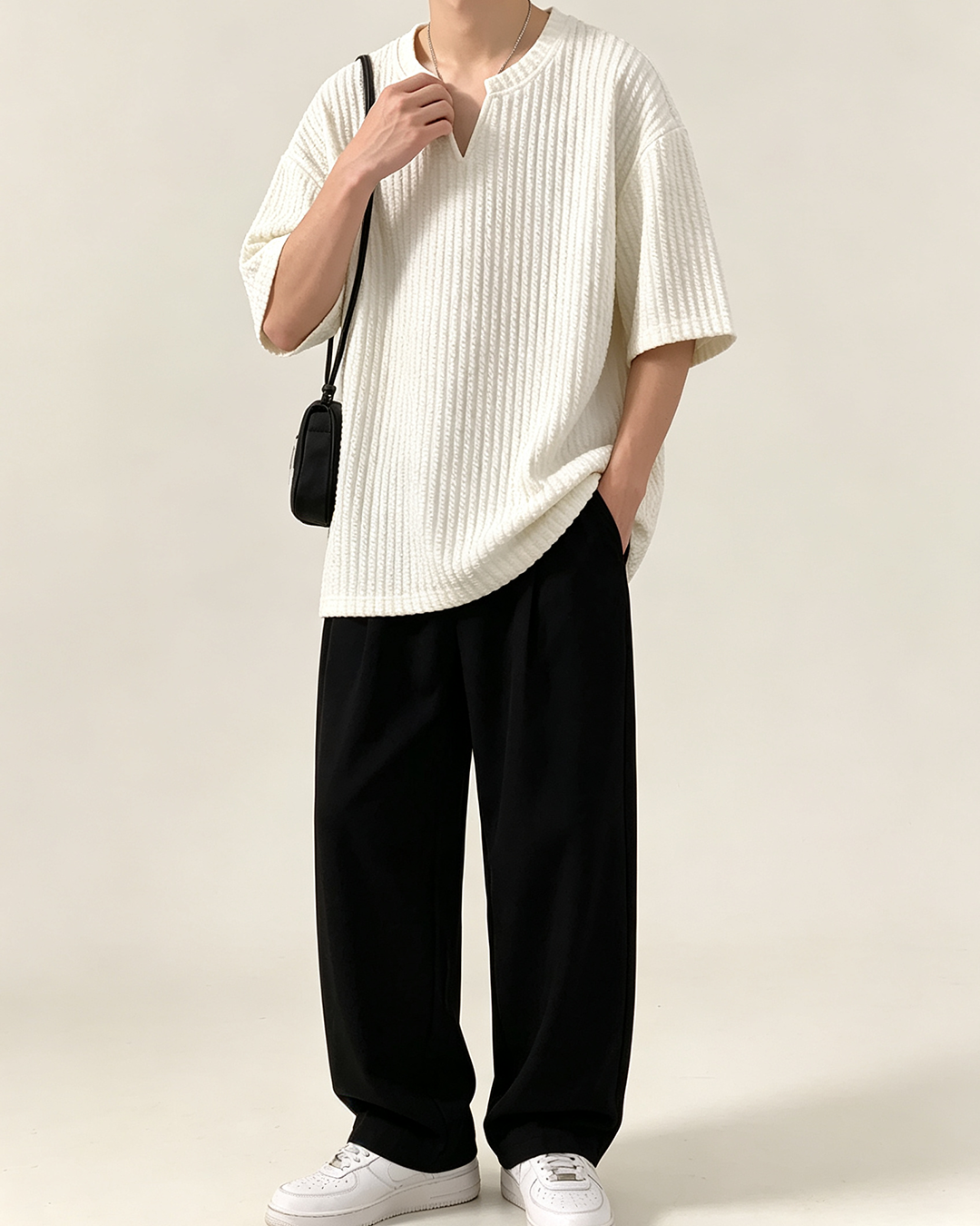Men's Oversized Rib Knit Tee, Textured V Notch Minimalist Casual Streetwear Top