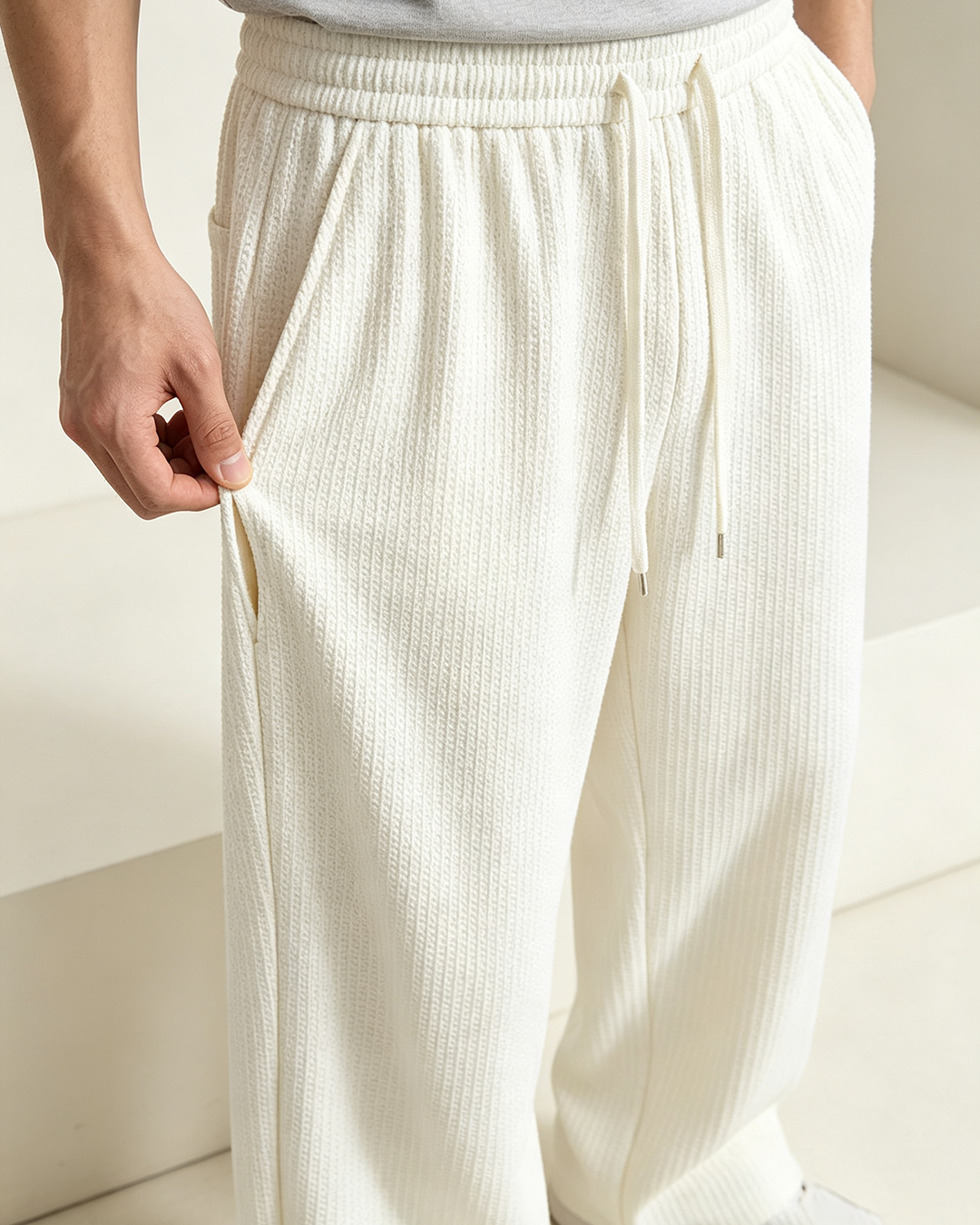 Men's Waffle Textured Sweatpants, Elastic Drawstring Straight Leg American Casual Trousers