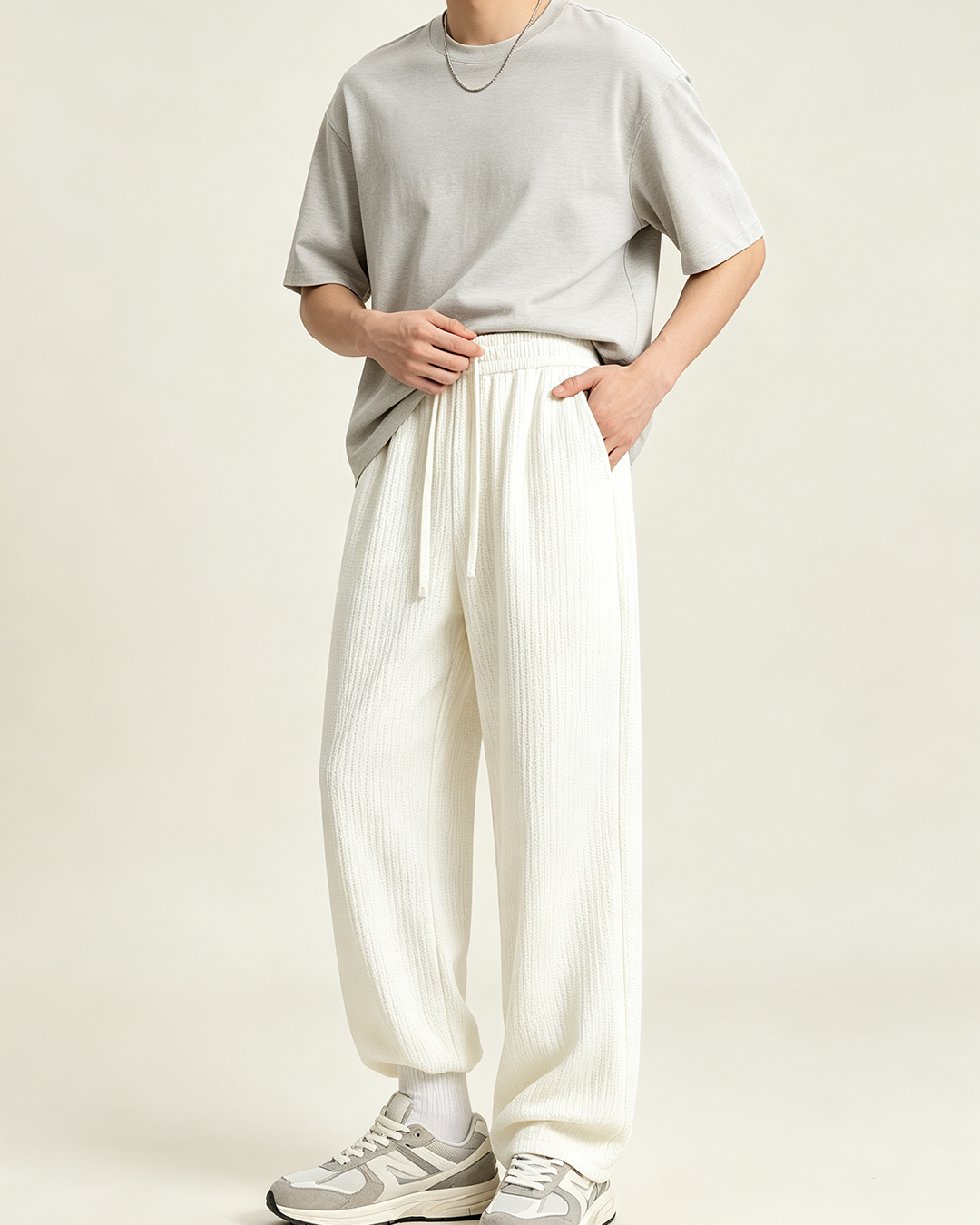 Men's Waffle Textured Sweatpants, Elastic Drawstring Straight Leg American Casual Trousers