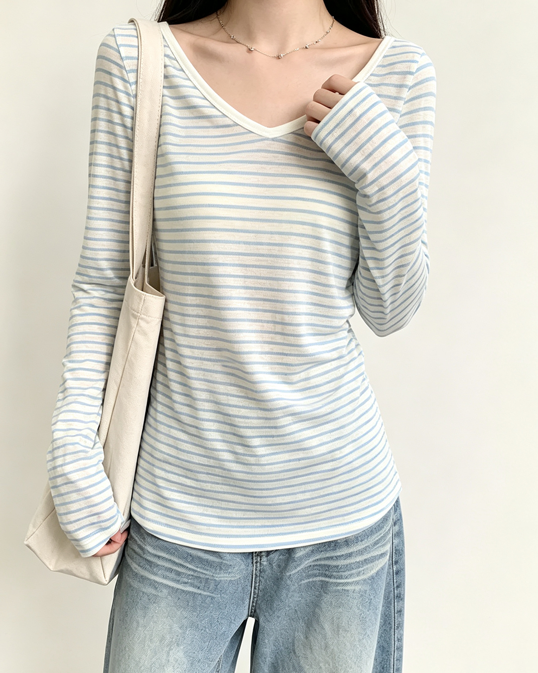 Retro Striped V-Neck Women's Long Sleeve Top, Slim Sheer Sun Protection Beach Blouse