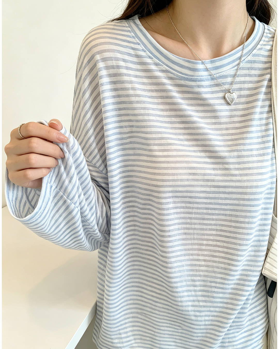 Sheer Blue Striped Women's Long Sleeve Top, Loose Sun Protection Beach Cover Up