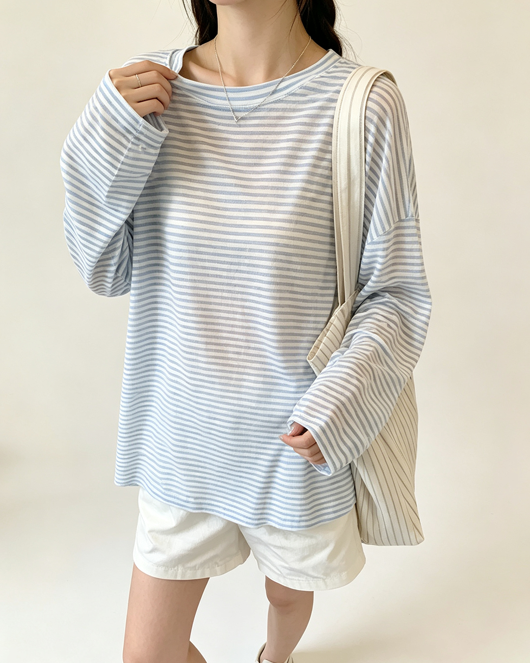 Sheer Blue Striped Women's Long Sleeve Top, Loose Sun Protection Beach Cover Up