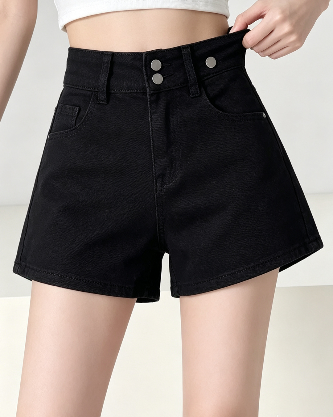 Women High Waist Stretch Black A-Line Denim Shorts