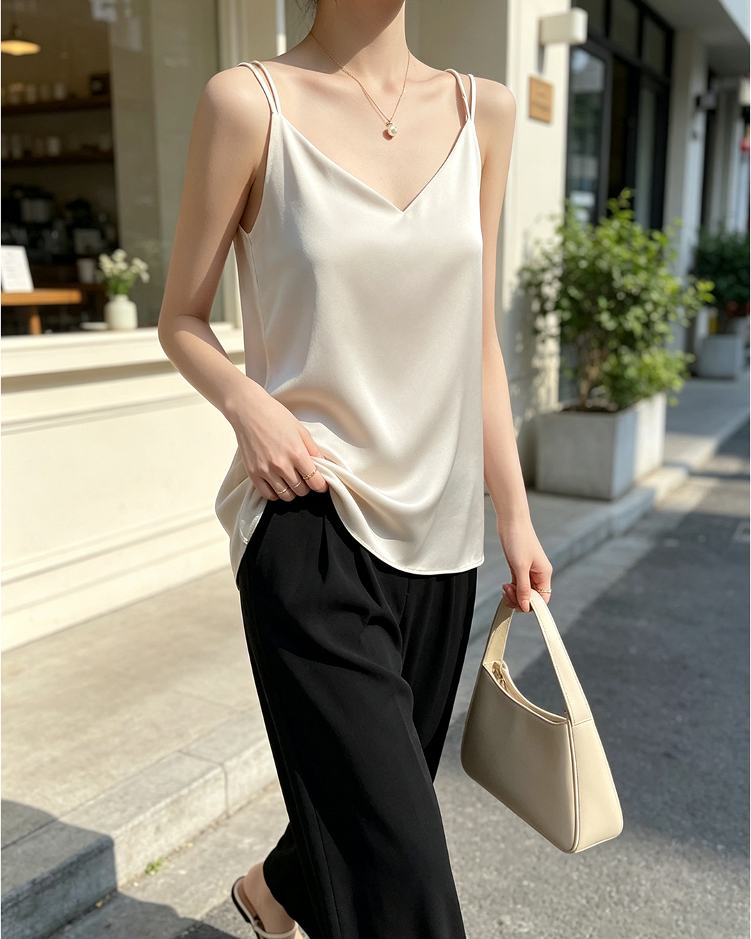 Women Satin V-Neck Double Strap Cami Tank Top