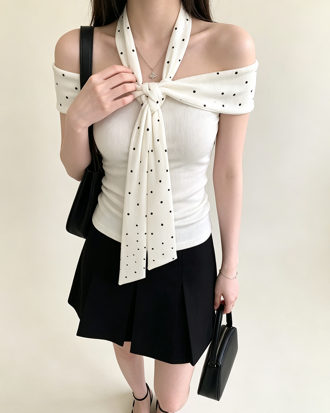 Women's Slim Ribbed Polka Dot Bow Halter Top, Off Shoulder Y2K Pure Desire Blouse