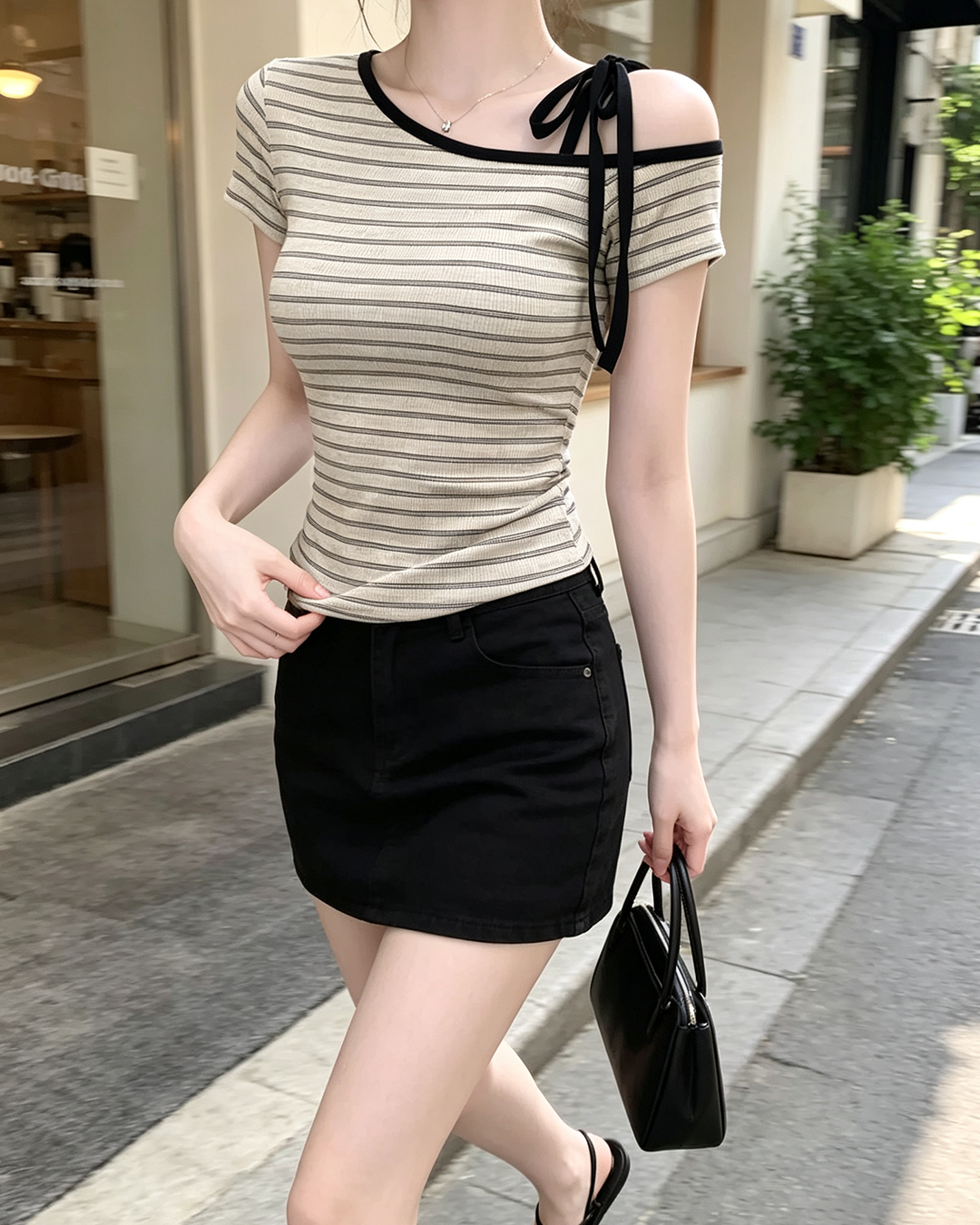 Women's Slim Ribbed Striped Top, Tie Strap Slanted Off Shoulder Y2K Summer Blouse