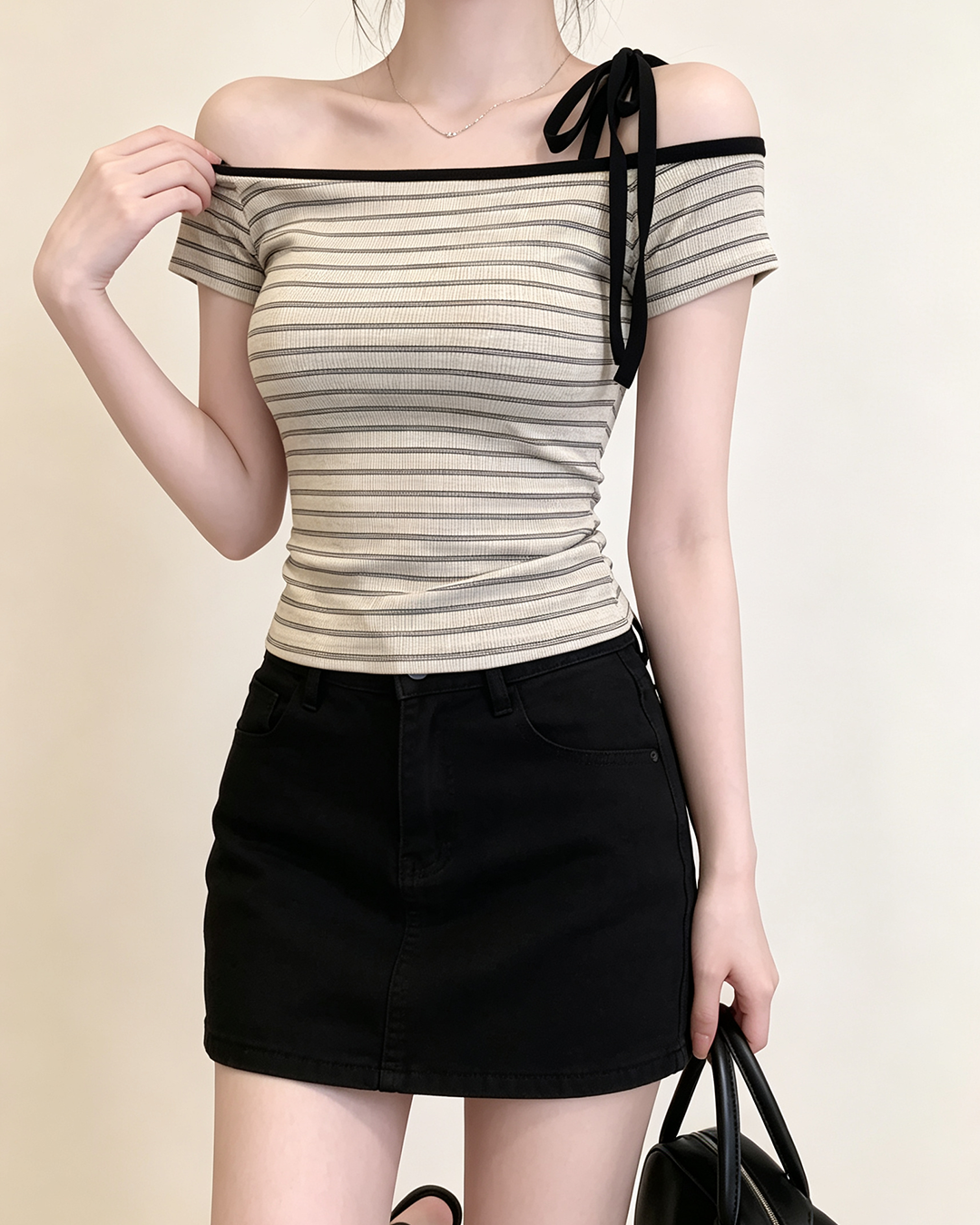 Women's Slim Ribbed Striped Top, Tie Strap Slanted Off Shoulder Y2K Summer Blouse