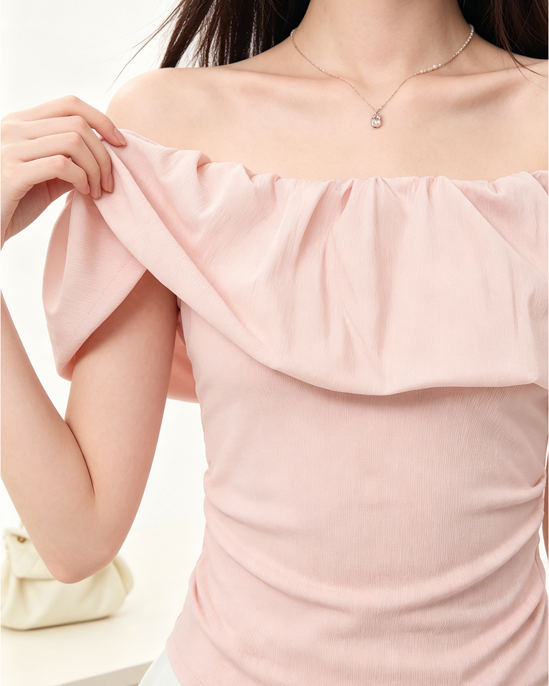 Women's Solid Pink French Ruffle Off Shoulder Blouse, Slim Fit Short Sleeve Top